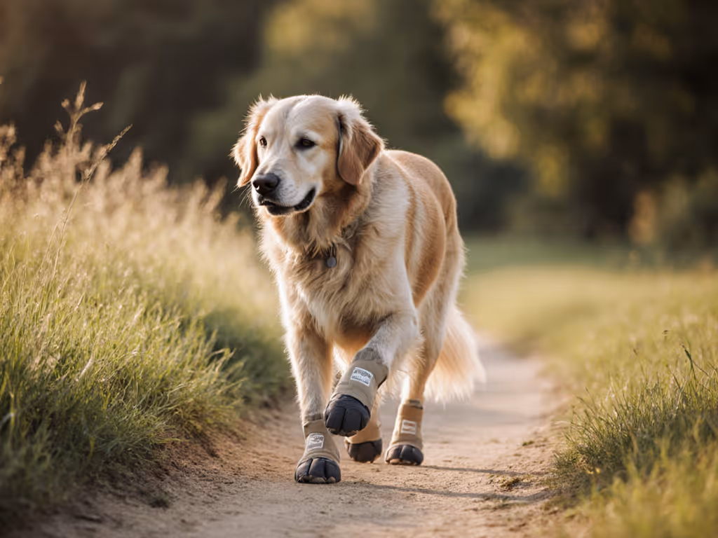 senior_dog_walking_on_grass_path_with_paw_protection